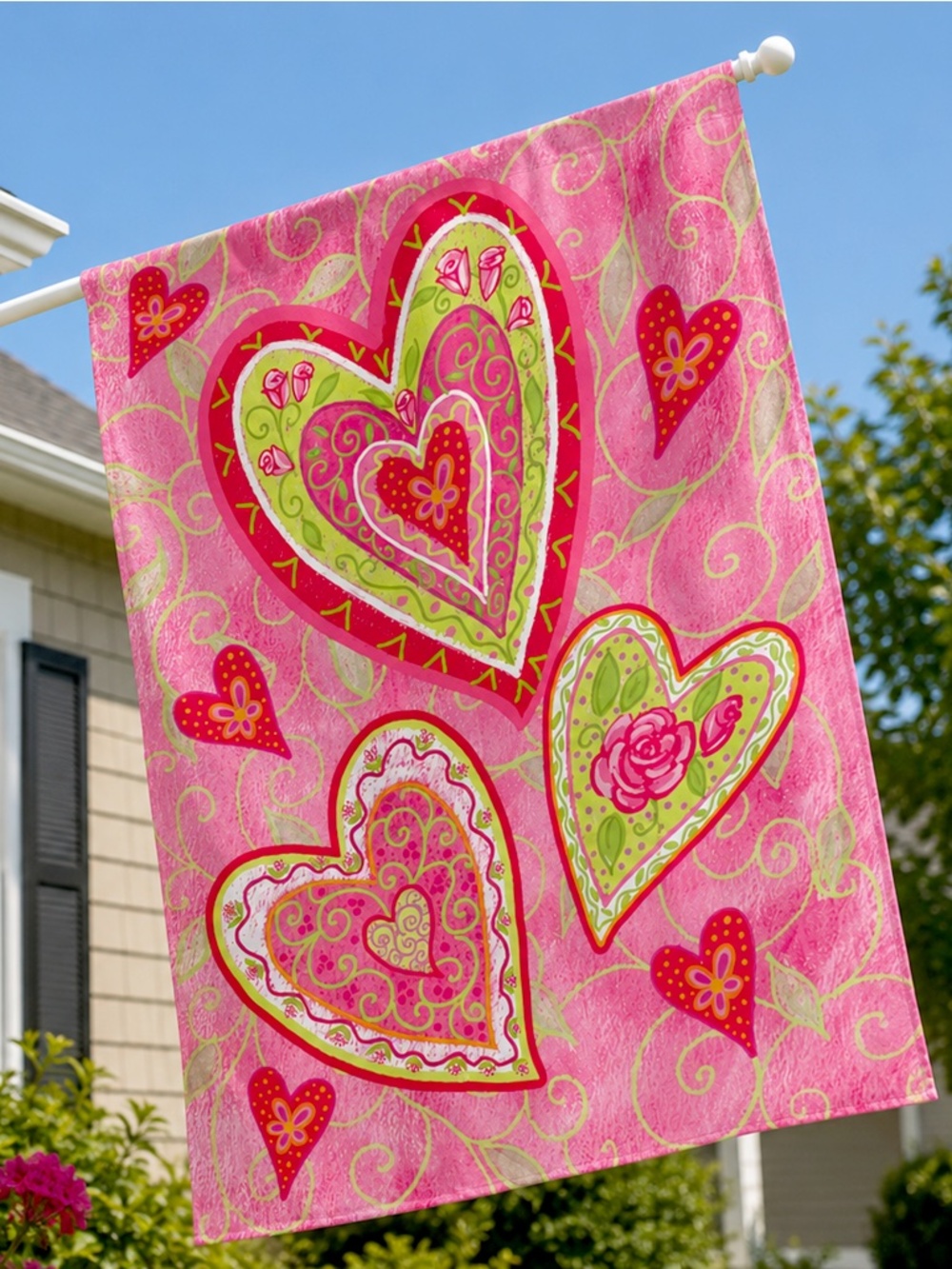 28" x 40" Impressions House Flag "Valentine's Hearts" Pink Floral by Nancy Mink